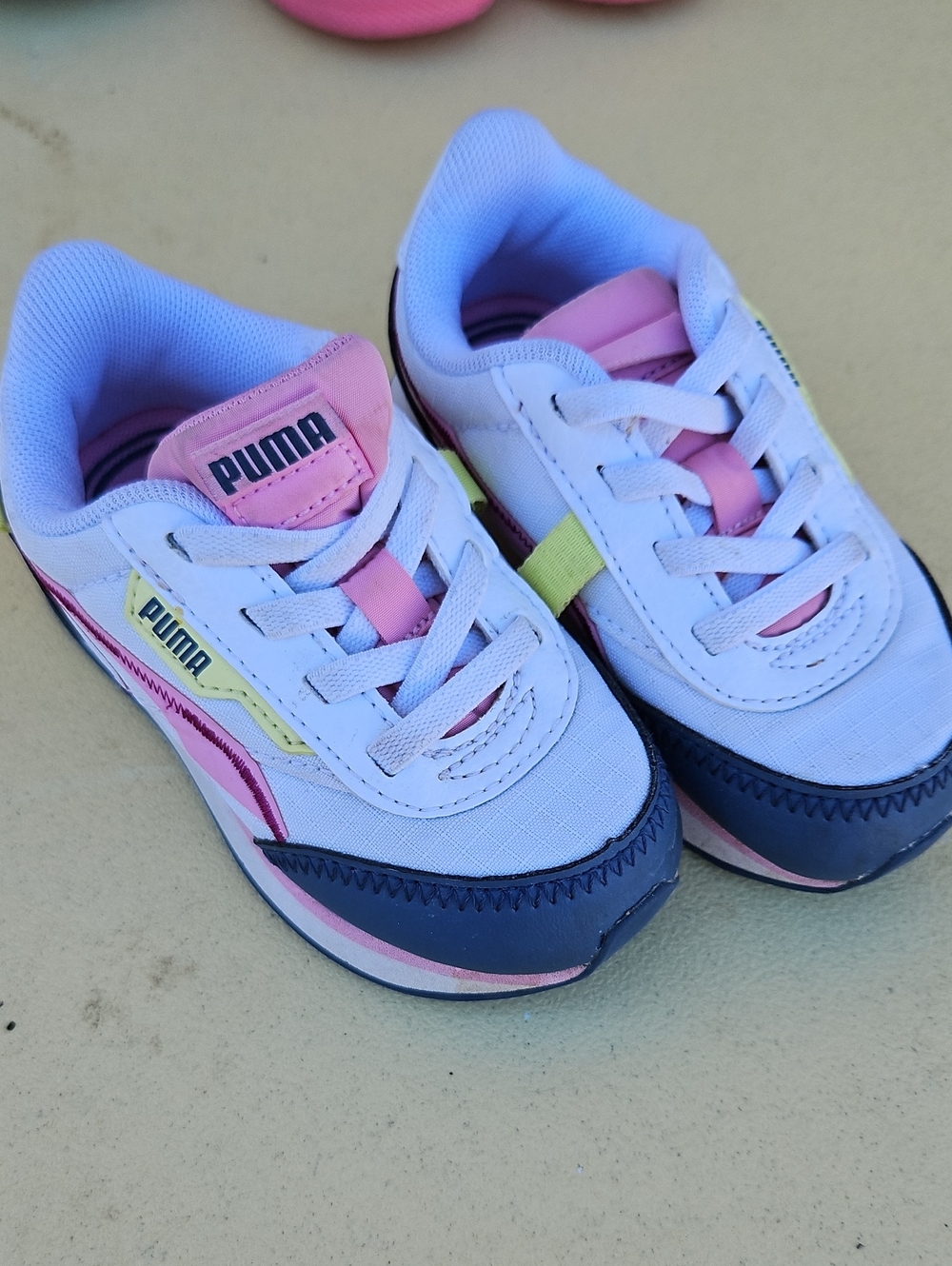 Puma Kids White Pink Navy Sneakers with Yellow Accent